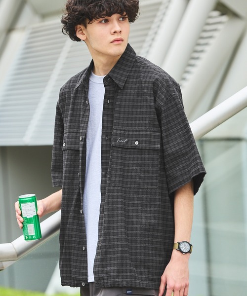 日本 HECT Big W-Pocket Draw Cord Seersucker Check Shirt [sh1257]