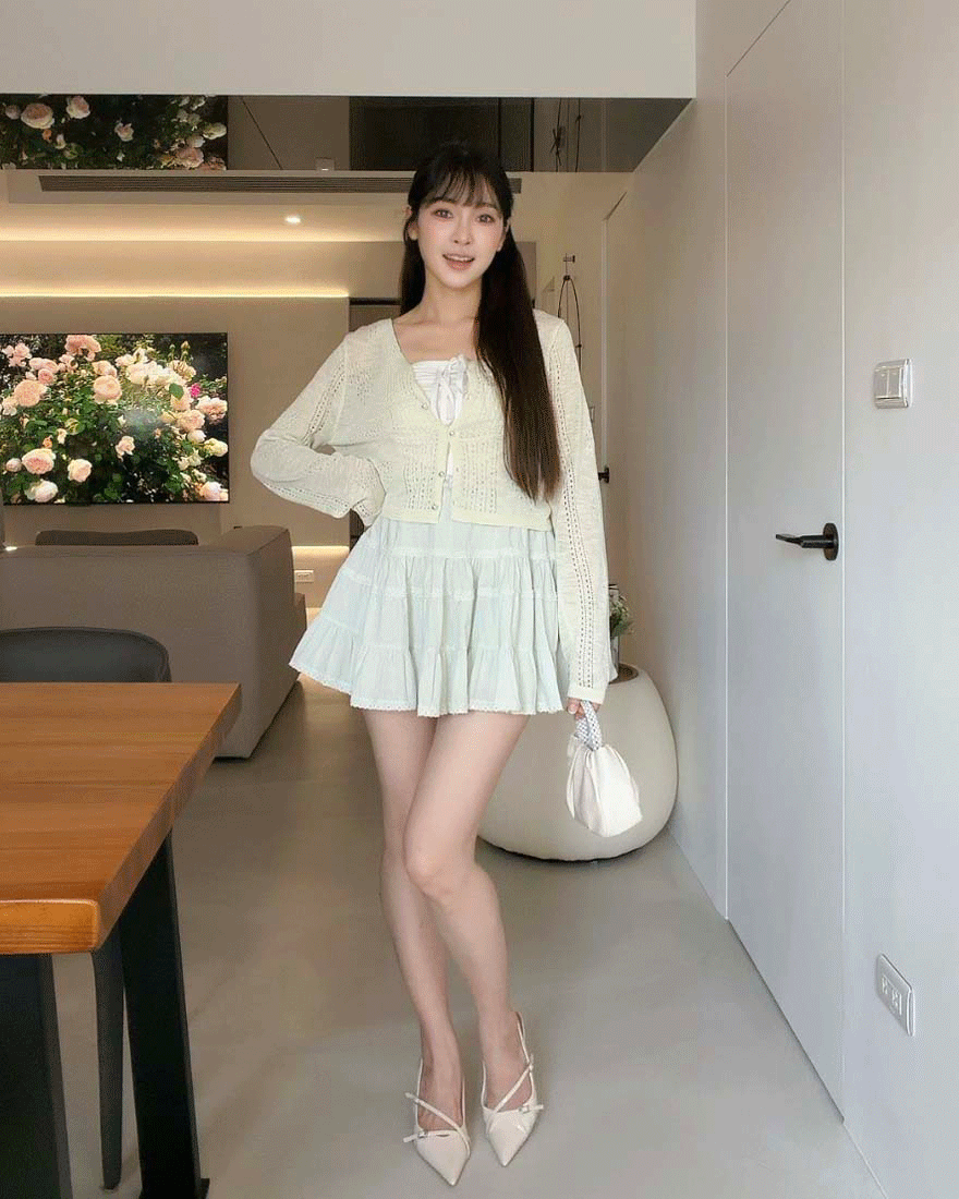 LINA LINA調味蘇打愛心縷空花紋珍珠釦上衣外套-淡雅綠