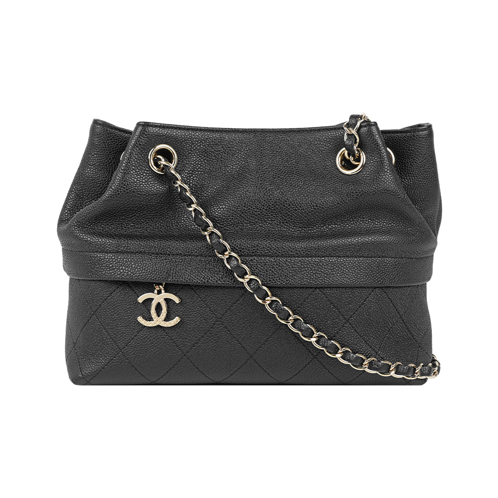 【CHANEL】CC Logo 淡金吊墜牛皮福袋肩背包/斜背包(黑色)