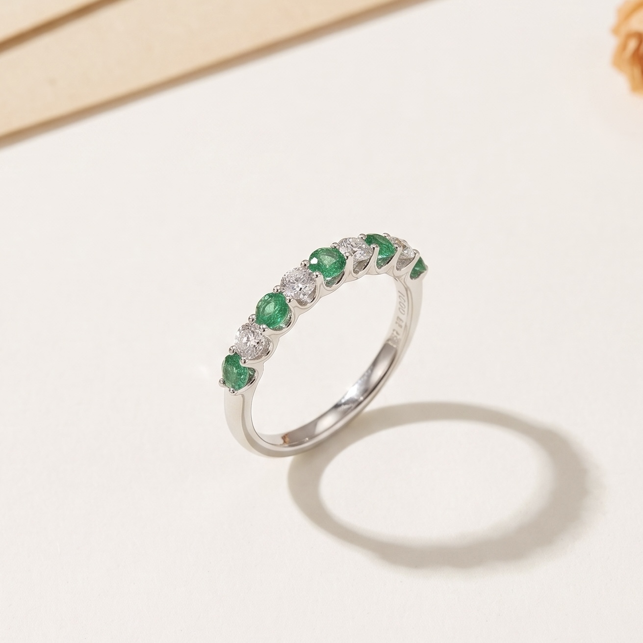 18K Gold Natural Colombian Emerald Eternity Ring with Diamonds setting