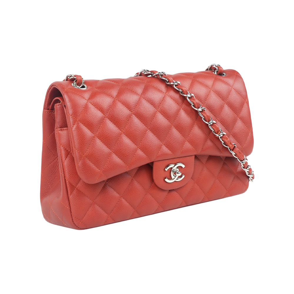 【CHANEL】銀釦粒紋小牛皮 30cm Jumbo COCO包(磚紅色)