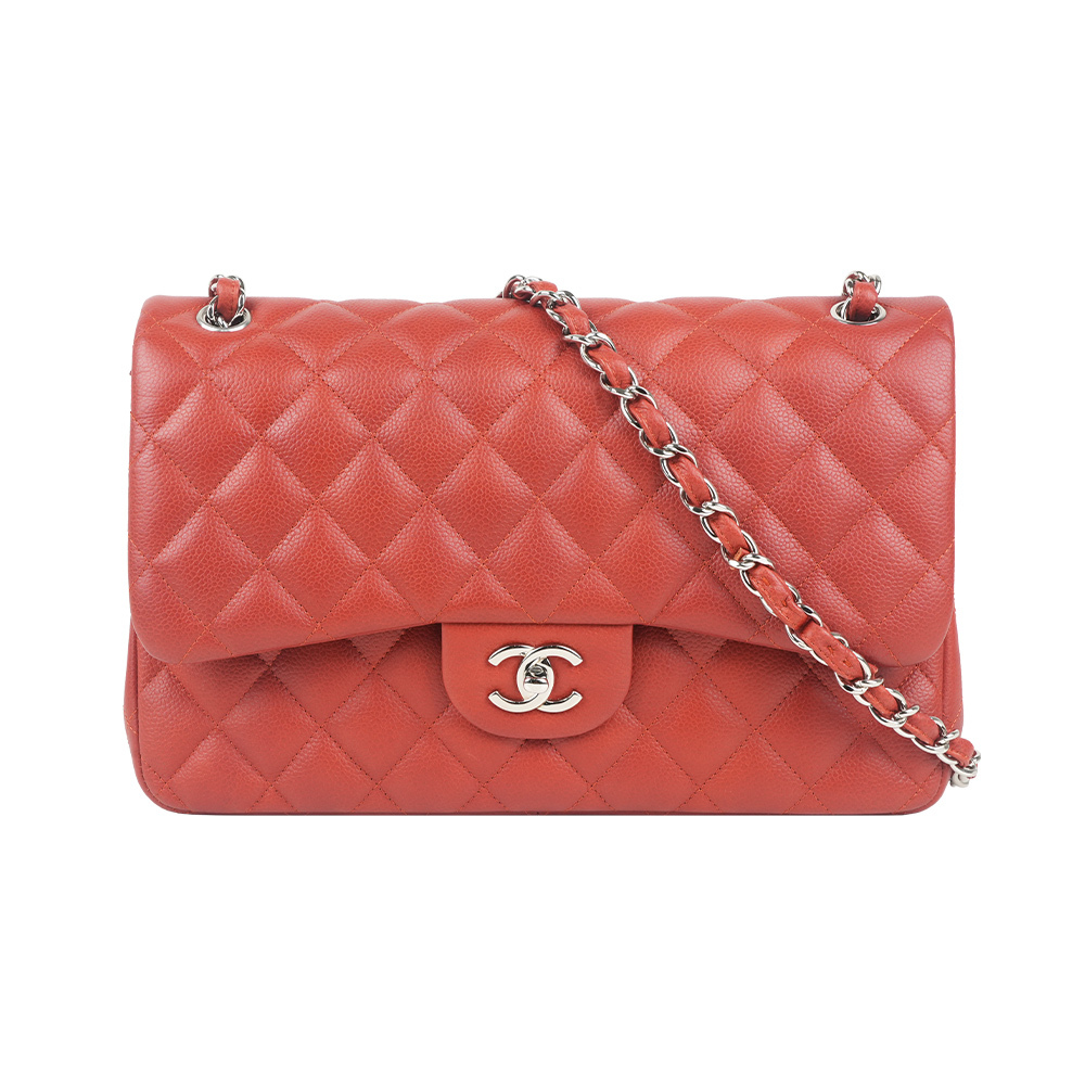 【CHANEL】銀釦粒紋小牛皮 30cm Jumbo COCO包(磚紅色)
