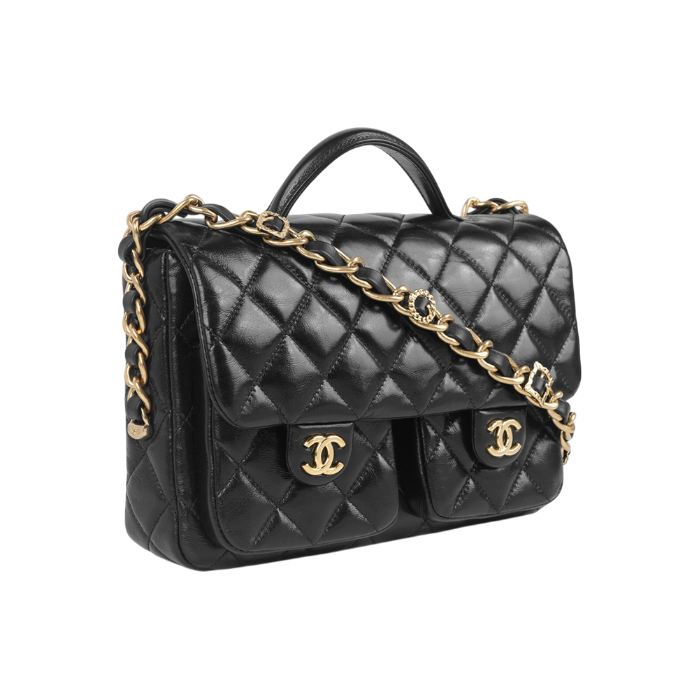 【CHANEL】CC Logo 雙口袋翻蓋手提/斜背二用郵差包(黑色)
