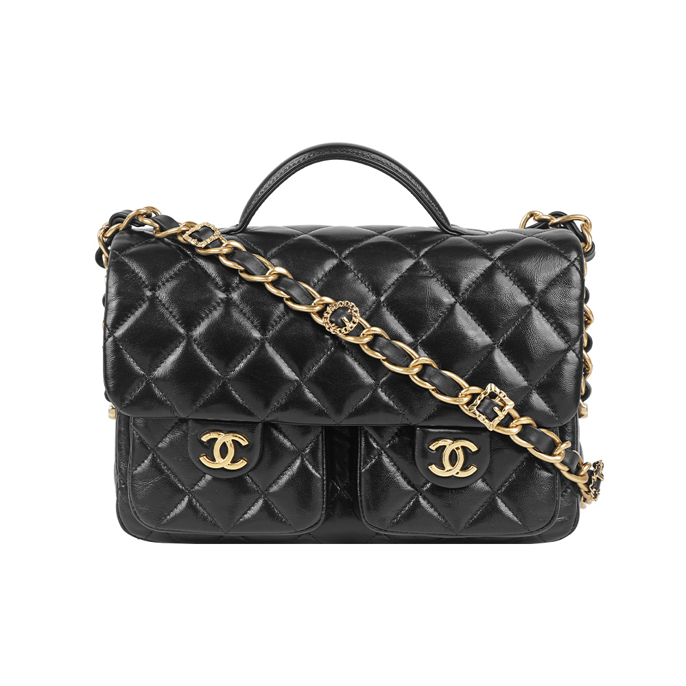 【CHANEL】CC Logo 雙口袋翻蓋手提/斜背二用郵差包(黑色)