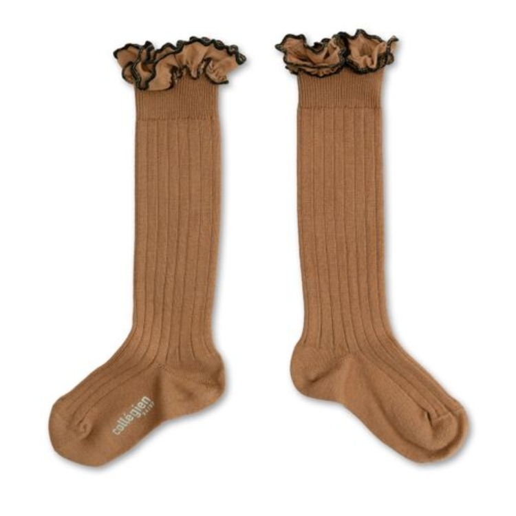 (預購) COLLEGIEN 荷葉邊羅紋長襪 Constance - 326 Mocha Mousse 摩卡慕斯