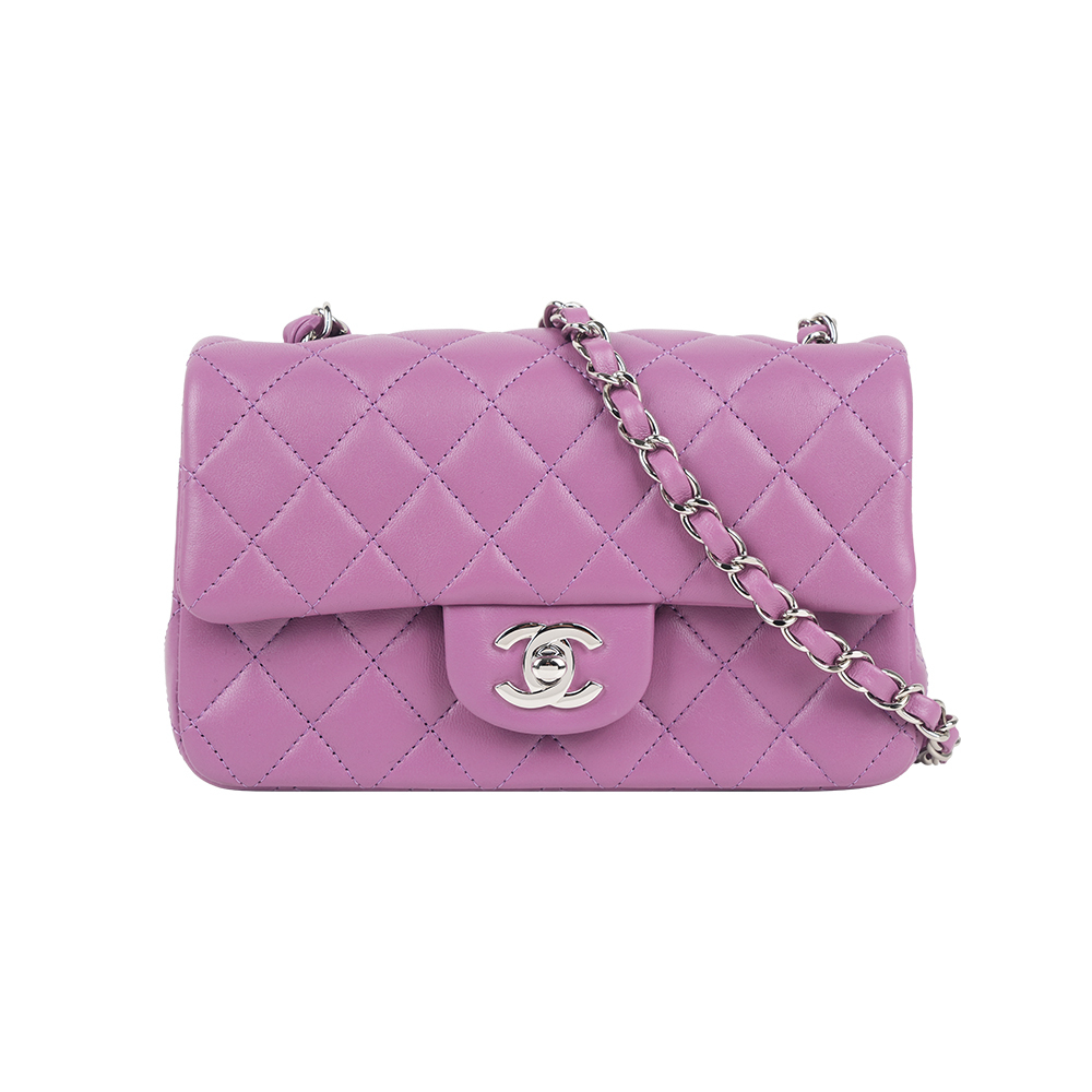 【CHANEL】銀色CC Logo 菱格紋小羊皮迷你翻蓋包/MINI COCO(紫色)