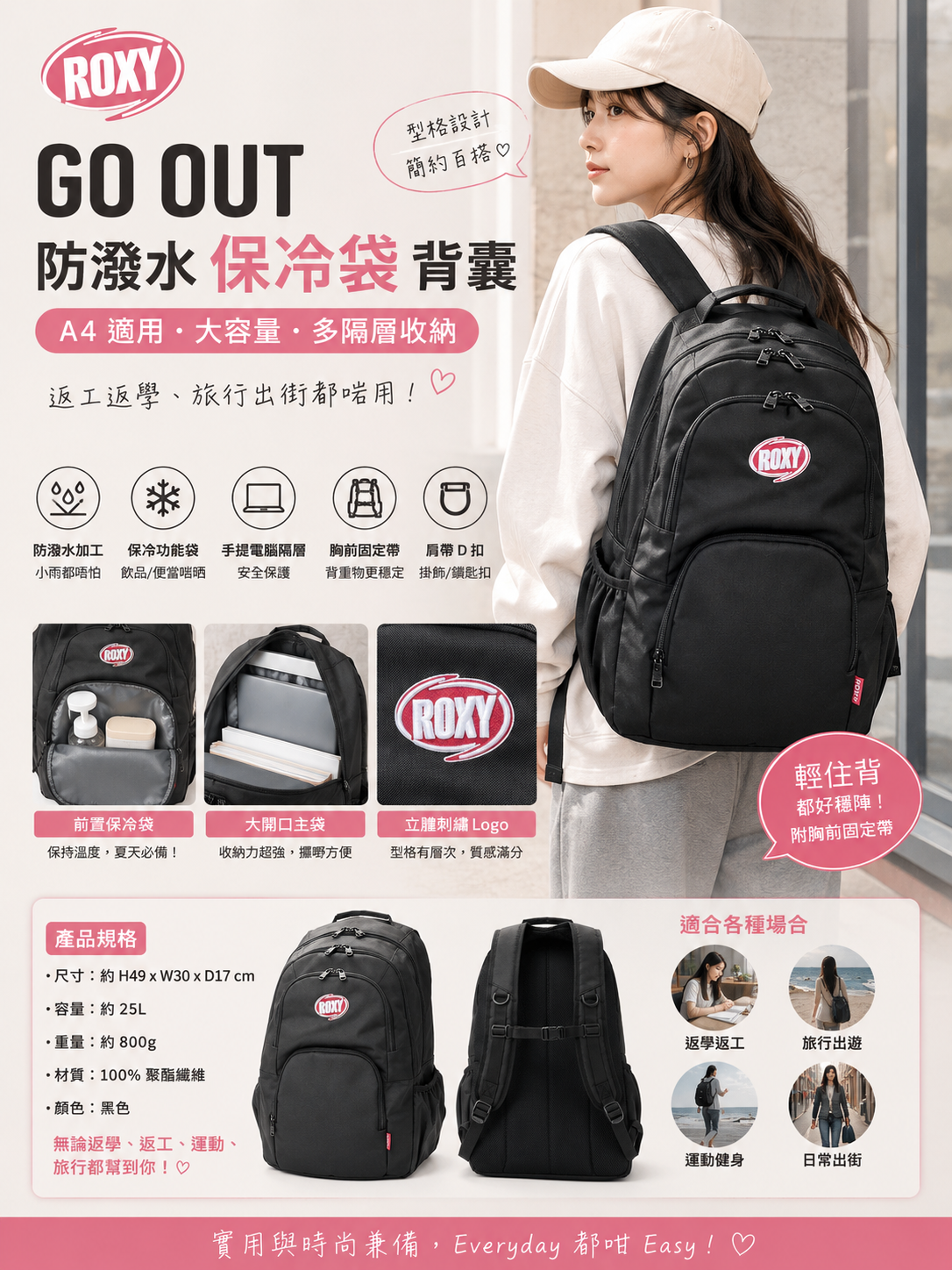 【預購】J070705 ROXY GO OUT 防潑水保冷袋背囊
