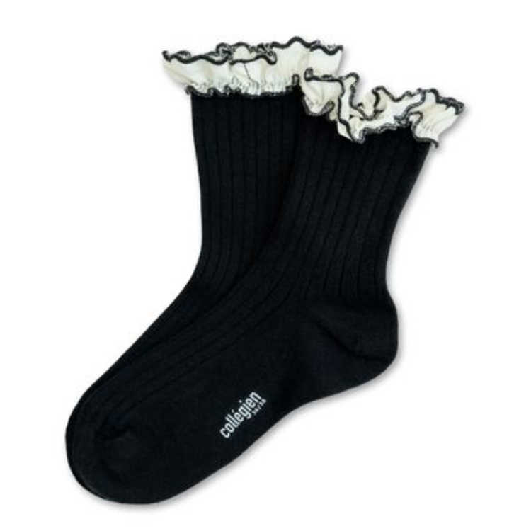 (預購) COLLEGIEN 荷葉邊羅紋短襪 Suzanne - 171 Noir de Charbon 黑