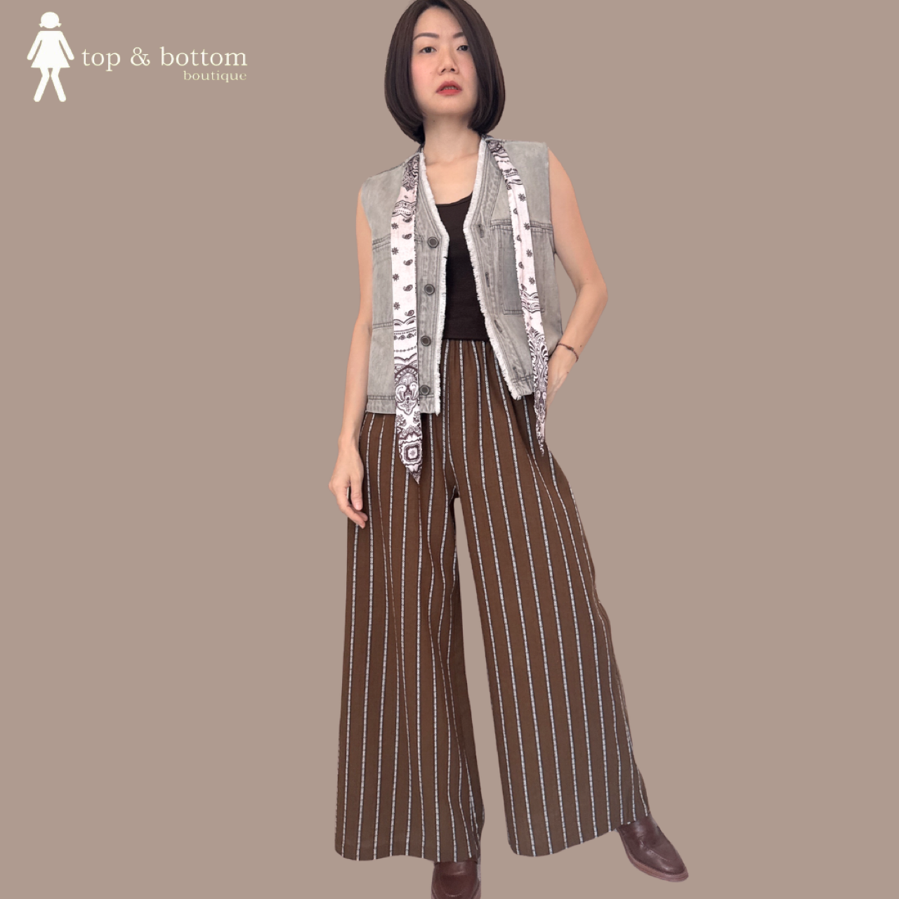 ELASTIC WAISTED LINEN STRIPED LONG PANT