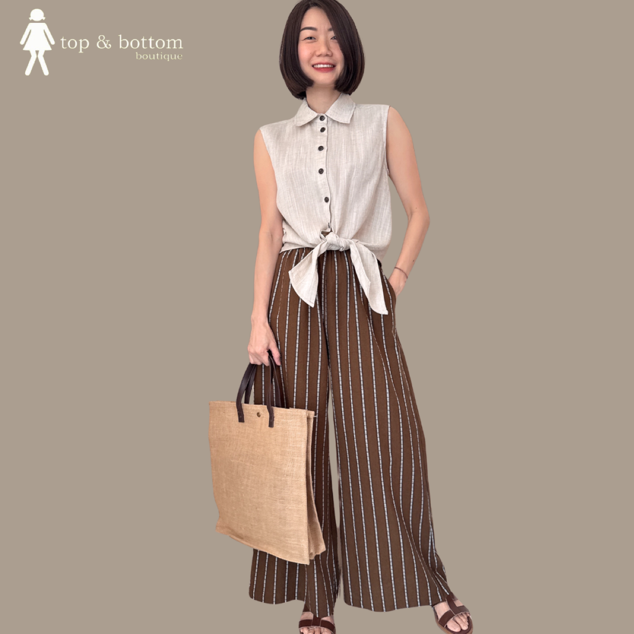 ELASTIC WAISTED LINEN STRIPED LONG PANT
