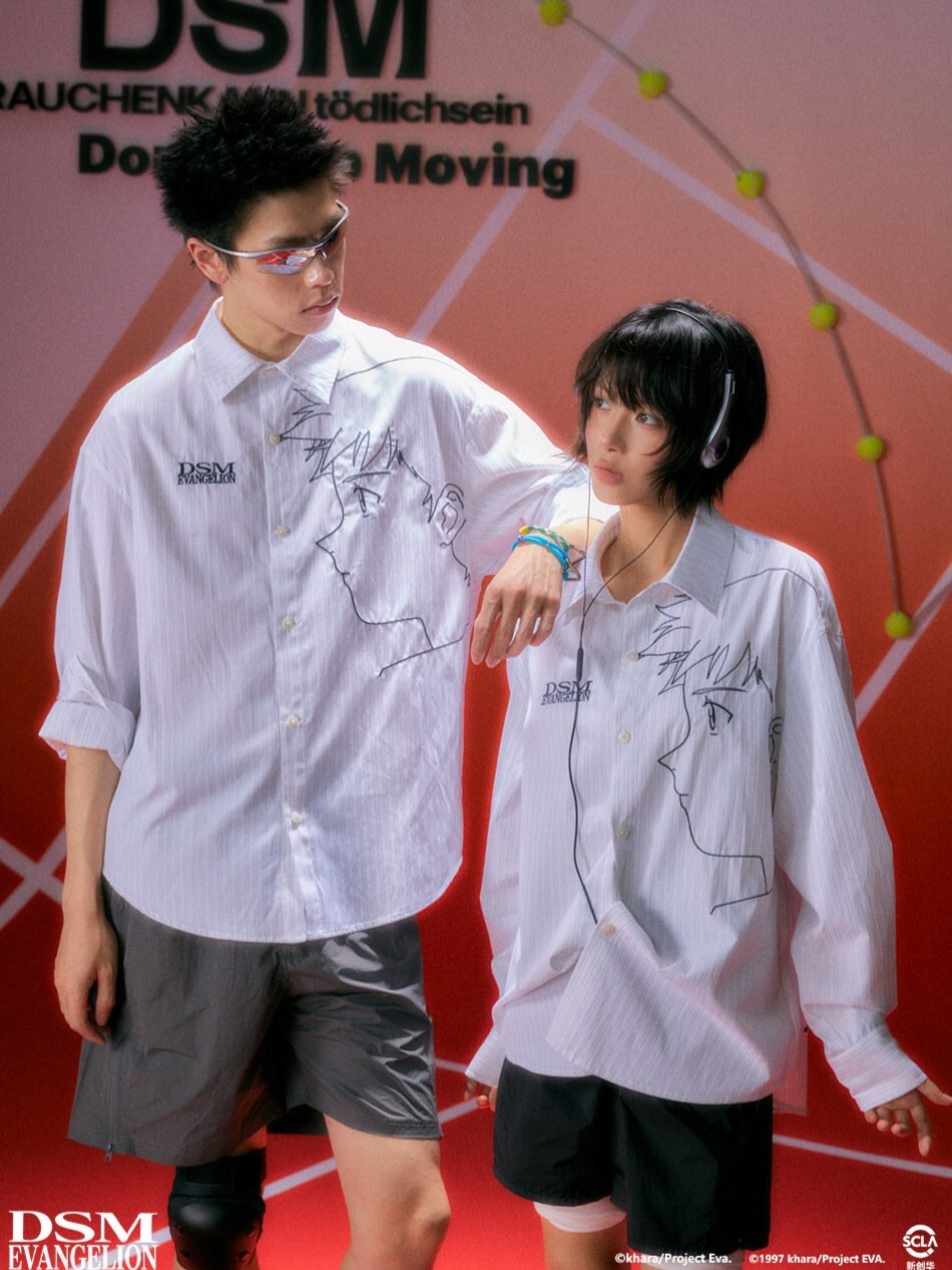 I DON‘T SMOKE X EVA 碇真嗣線稿人像印花 條紋 長袖襯衫