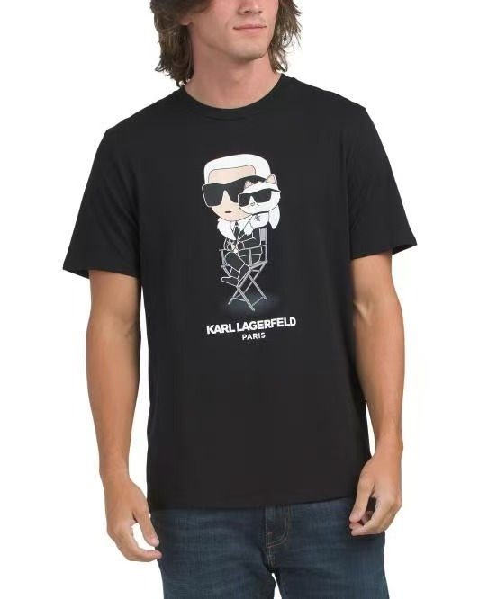 【預購】KARL LAGERFELD PARIS H070708 男裝老佛爺與貓印花短袖上衣 (黑色)