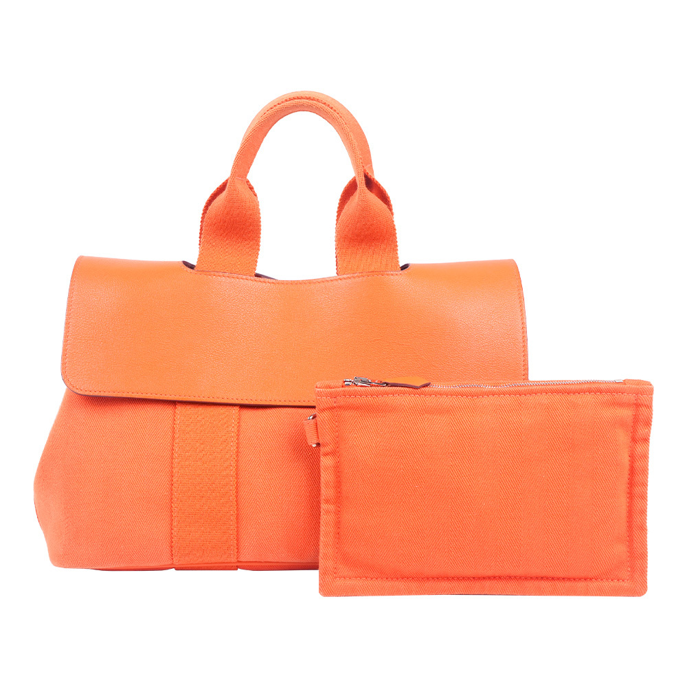 【Hermès】牛皮及帆布翻蓋手提包(橘色)