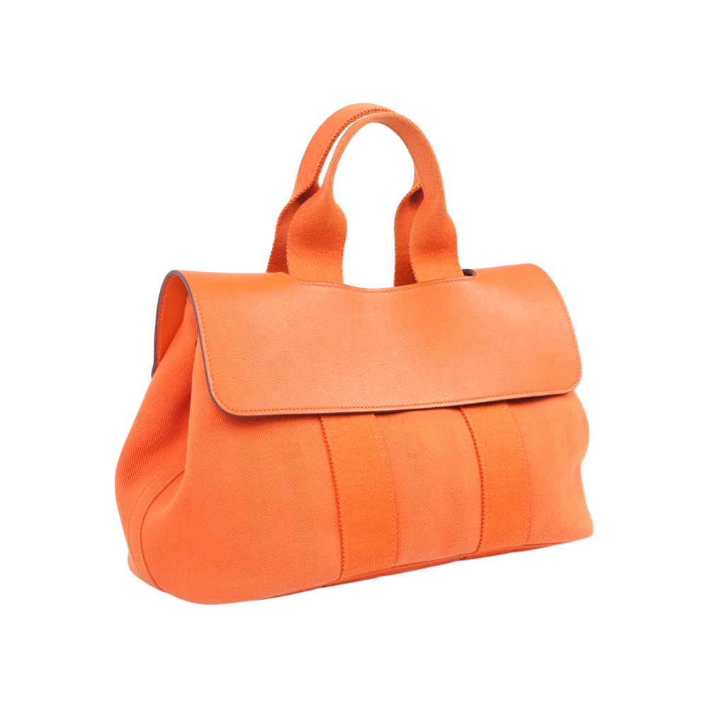 【Hermès】牛皮及帆布翻蓋手提包(橘色)