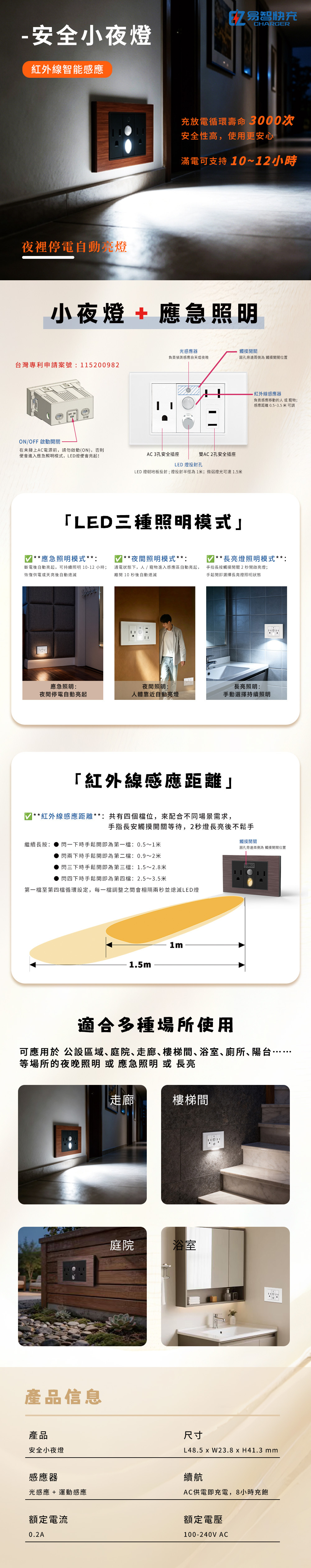 安全小夜燈模組｜紅外線智能感應｜三種 LED 照明模式｜內建磷酸鐵鋰應急電池｜易智系列專屬搭配