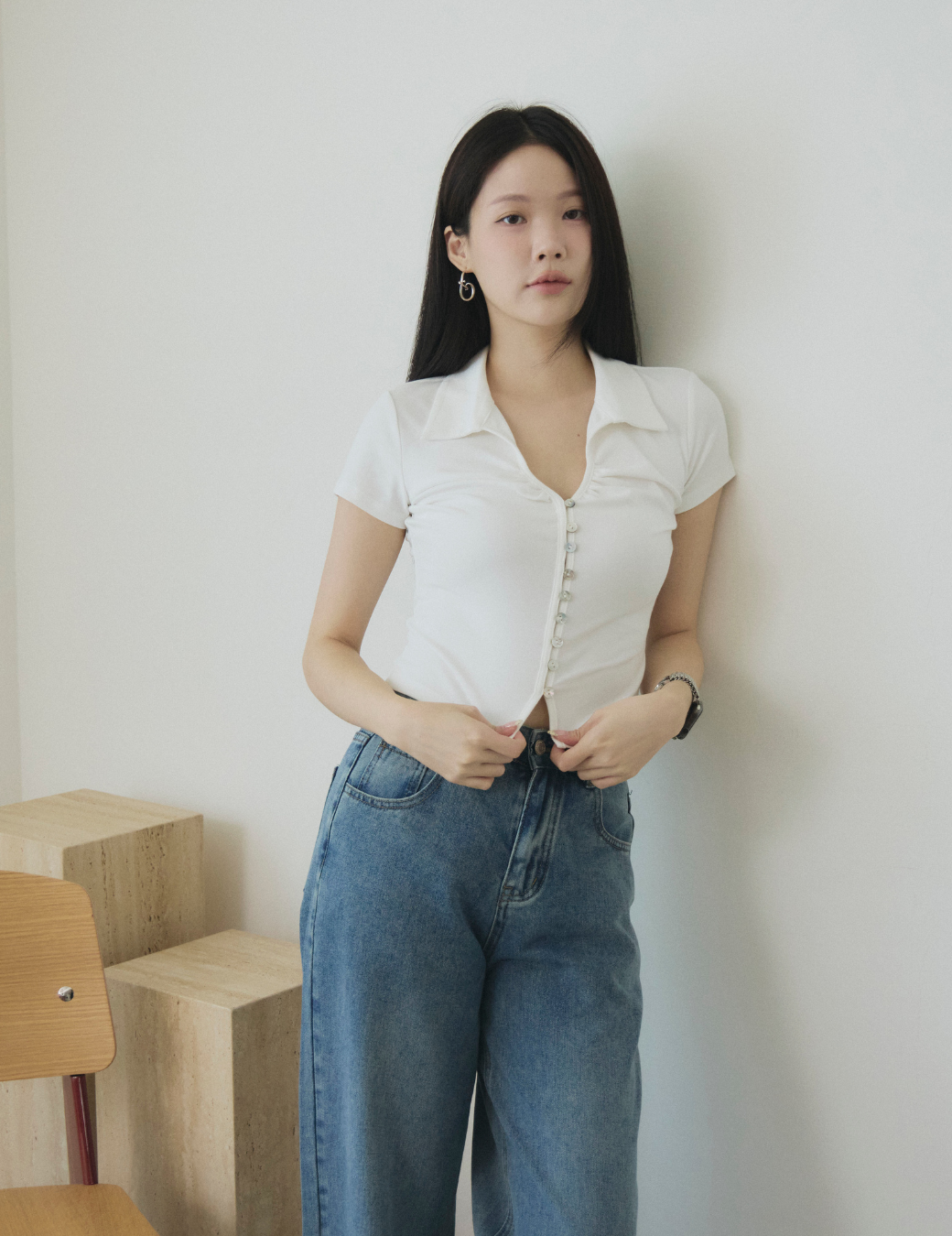 前抓皺排扣合身上衣（3尺寸）