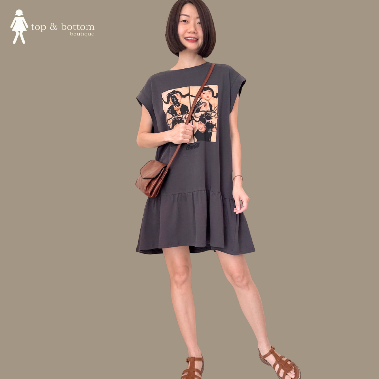 V SLEEVE PRINTED TEE DRESS