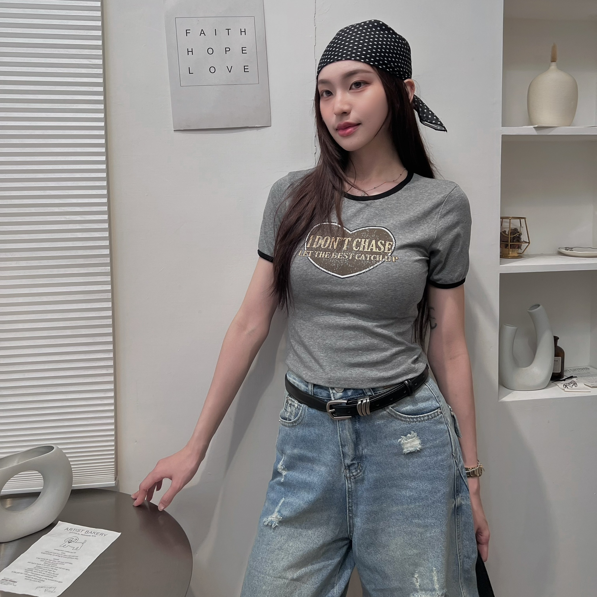 洗舊愛心膠印短TEE
