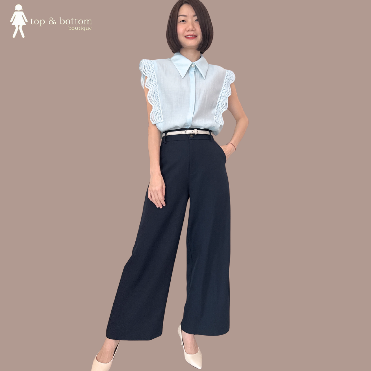 COTTON LACE SLEEVE COLLARED BUTTON BLOUSE