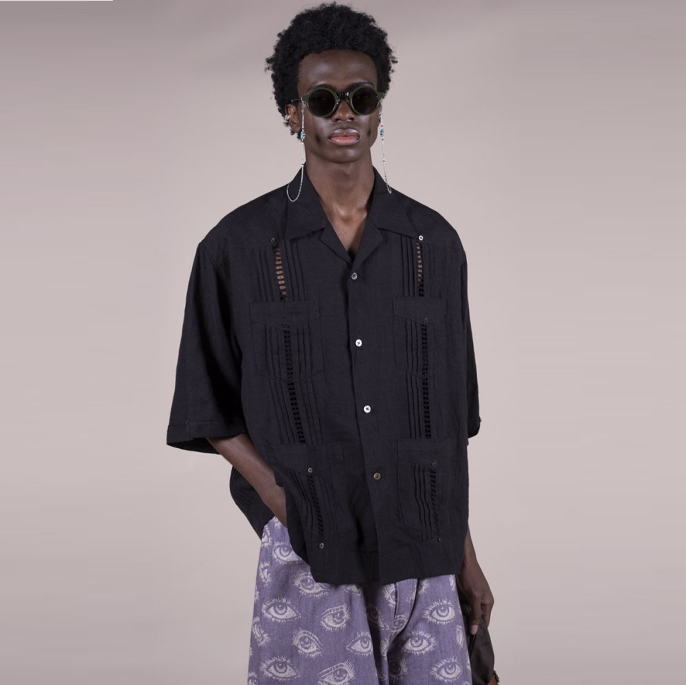 KAPITAL 2026 LINEN DRAWNWORK LAX CUBAN SHIRT S/S - BLACK PRE ORDER ITEM (預訂中)