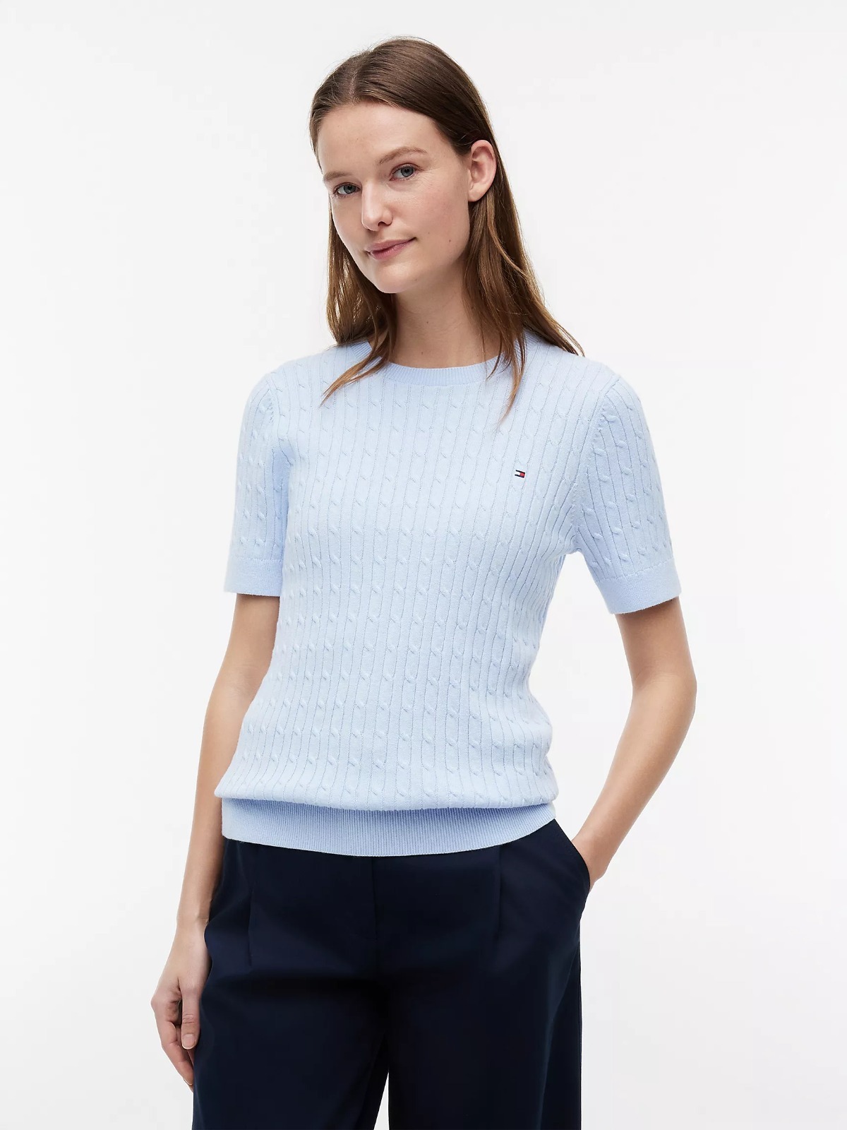 【直播】Tommy Hilfiger K0707131 Womens Short-Sleeve Cable Knit Sweater