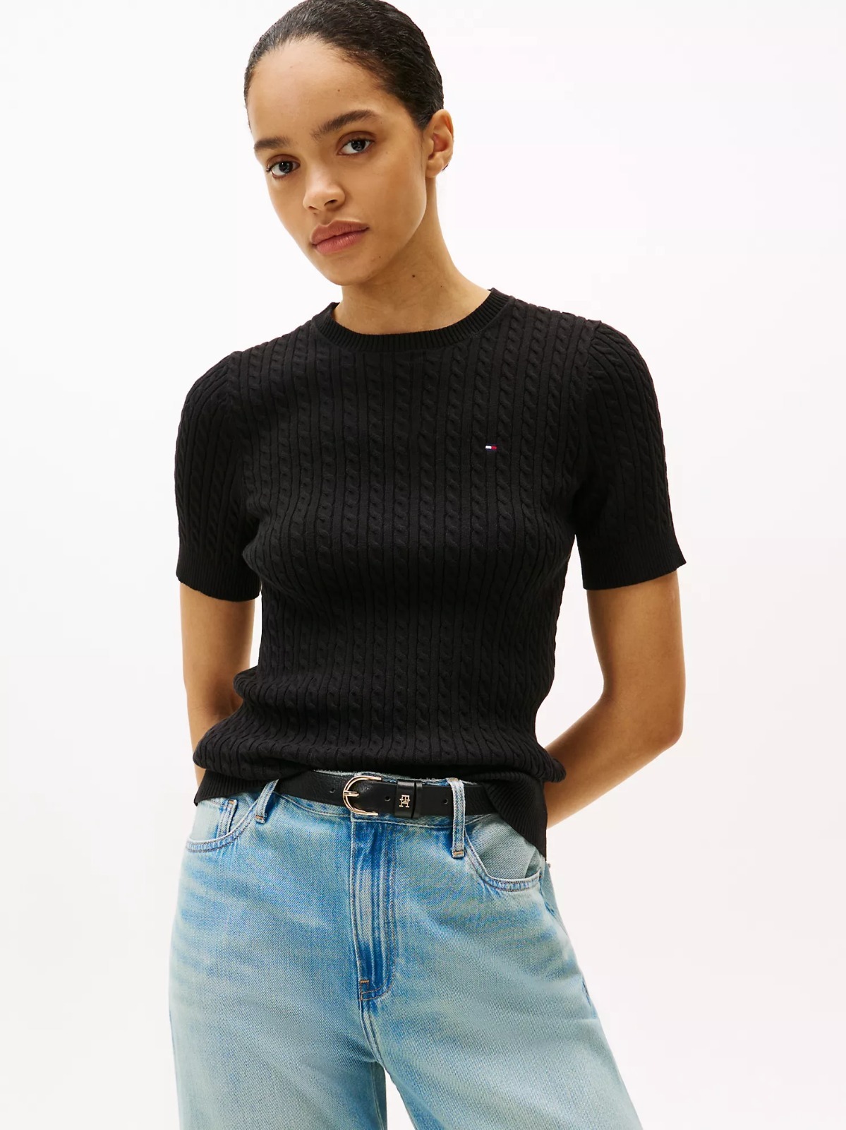【直播】Tommy Hilfiger K0707132 Womens Short-Sleeve Cable Knit Sweater