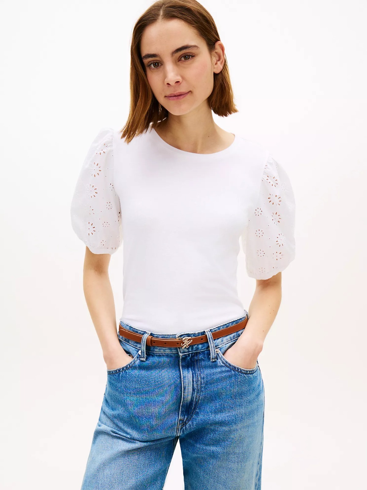 【直播】Tommy Hilfiger K0707136 Womens Embroidered Eyelet Mixed-Media Top
