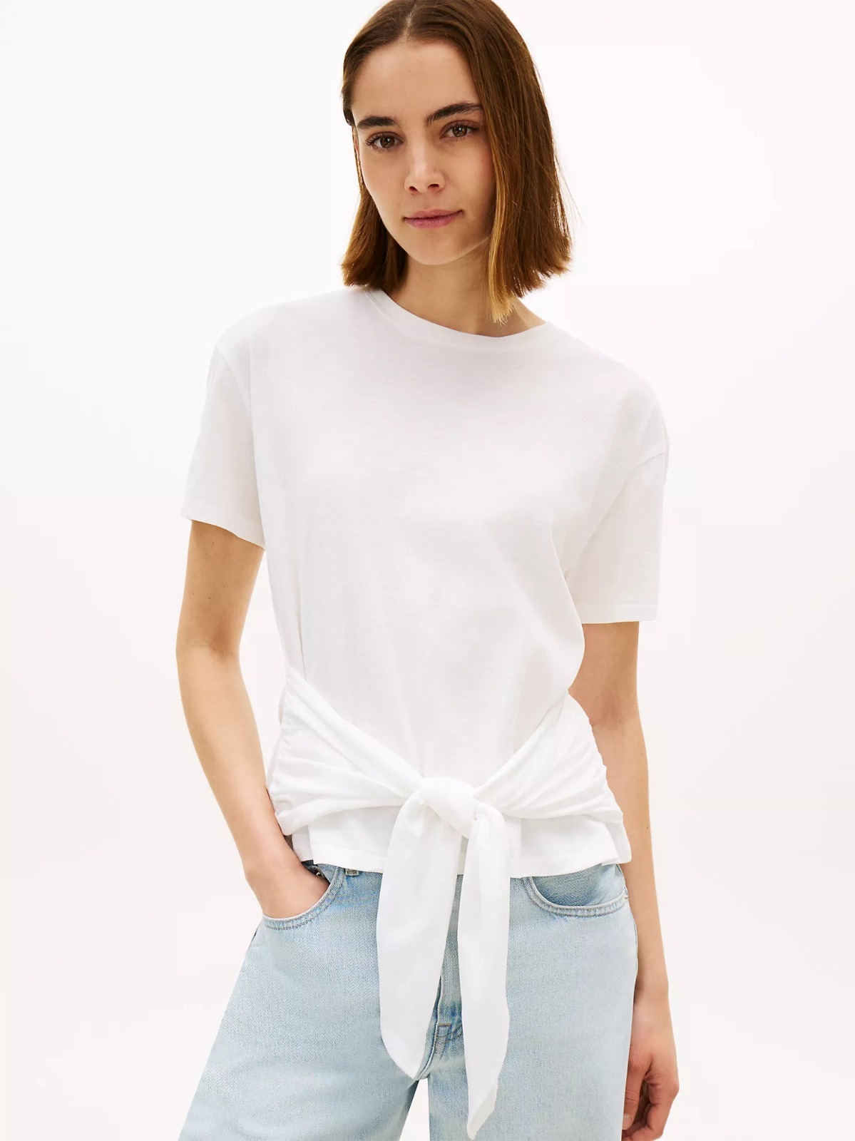 【直播】Tommy Hilfiger K0707137 Womens Tie-Front Slub Cotton T-Shirt