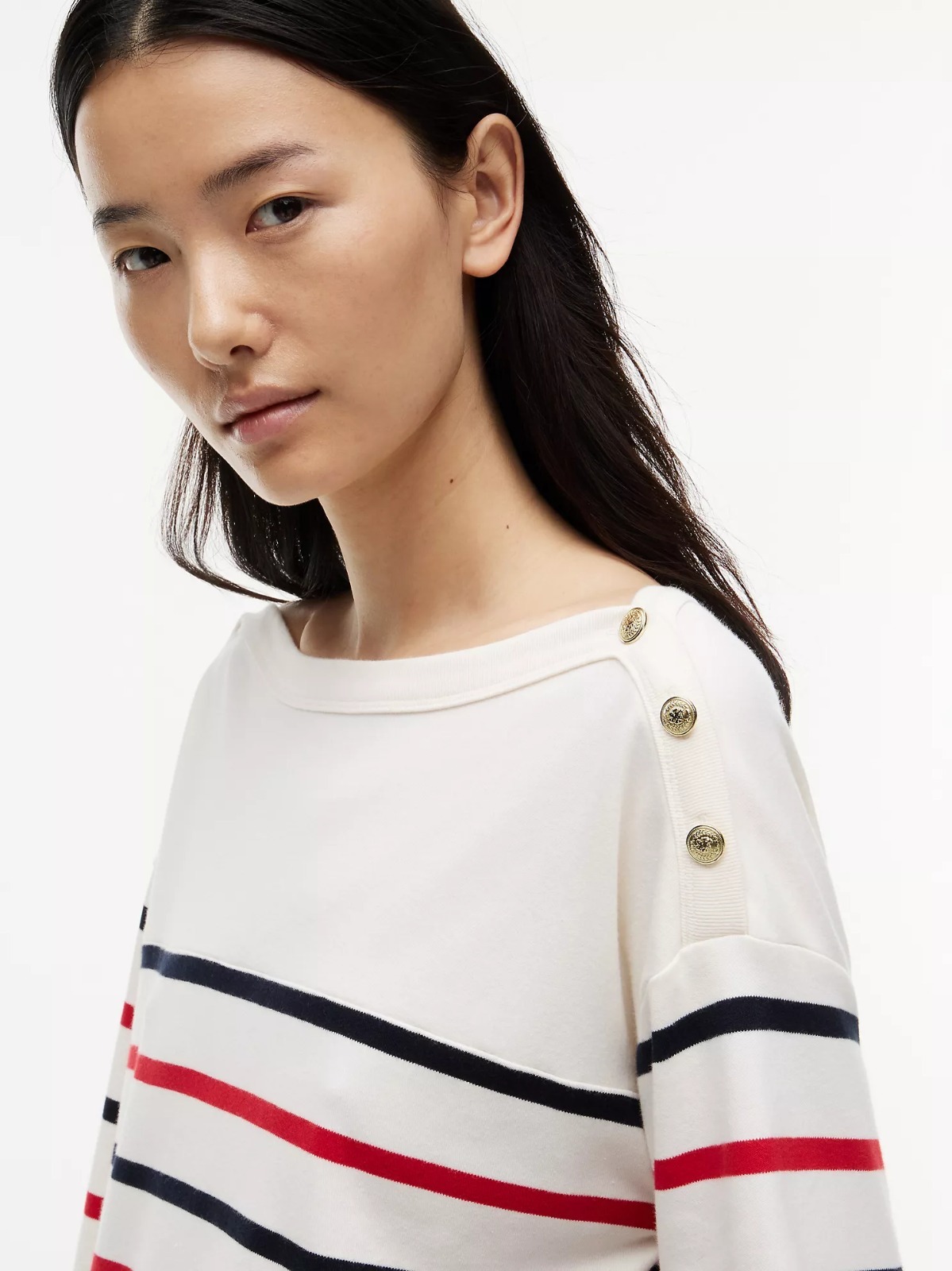 【直播】Tommy Hilfiger K0707140 Womens Breton Stripe Cotton Interlock T-Shirt (Ivory Silk Multi)