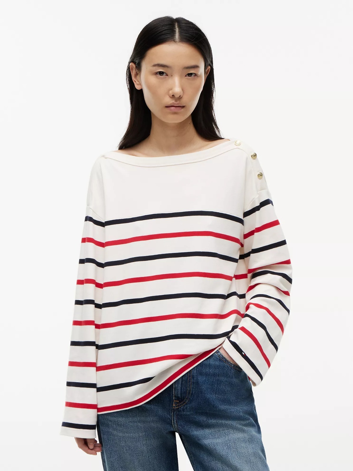 【直播】Tommy Hilfiger K0707140 Womens Breton Stripe Cotton Interlock T-Shirt (Ivory Silk Multi)