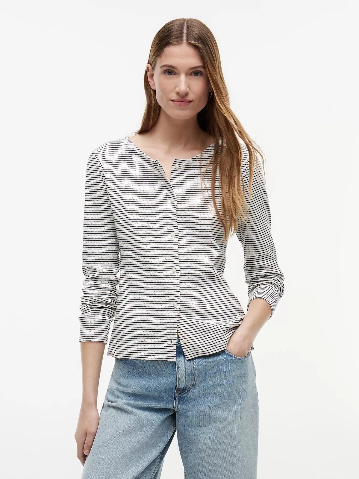 【直播】Tommy Hilfiger K0707141 Womens Striped Pointelle Cardigan T-Shirt (Ivory Silk)