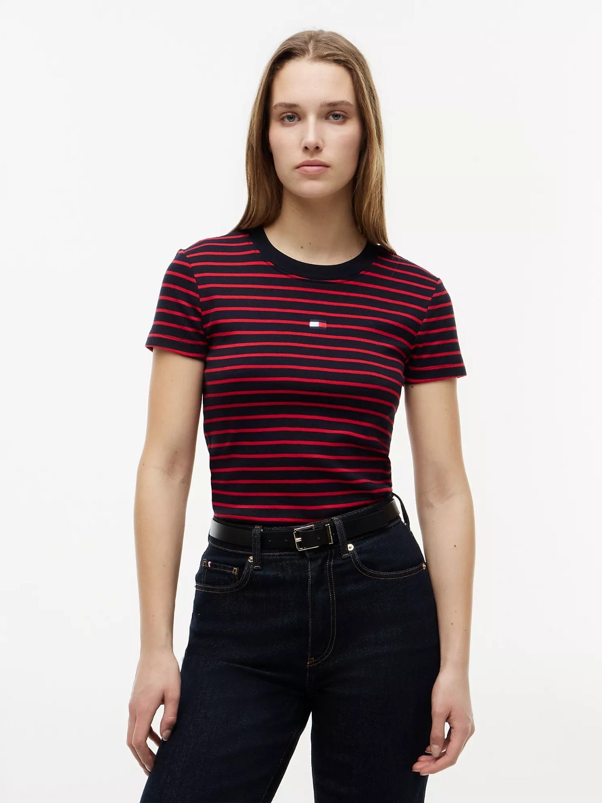 【直播】Tommy Hilfiger K0707145 Womens Mini Flag Logo Striped Favorite T-Shirt