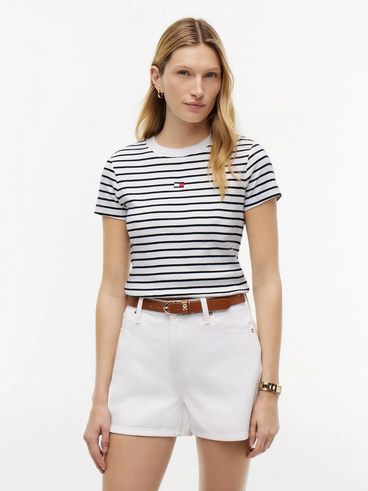 【直播】Tommy Hilfiger K0707145 Womens Mini Flag Logo Striped Favorite T-Shirt