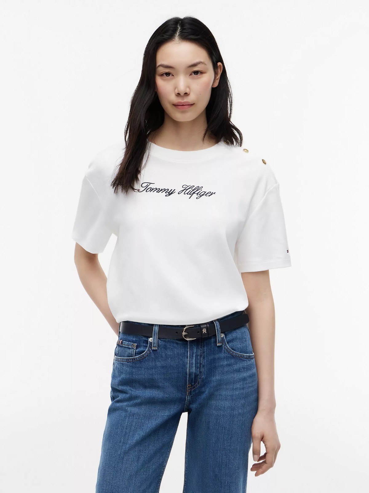 【直播】Tommy Hilfiger K0707148 Womens Script Logo Cotton Interlock T-Shirt