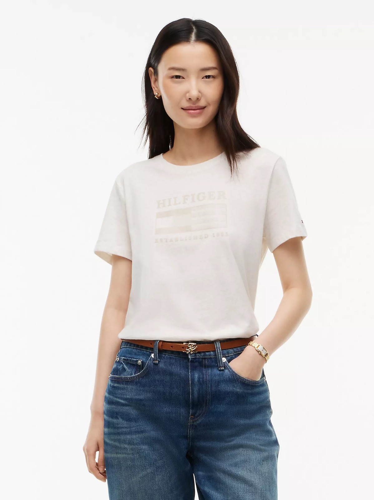 【直播】Tommy Hilfiger K0707150 Womens Tonal Flag Logo T-Shirt (Beige Heather)