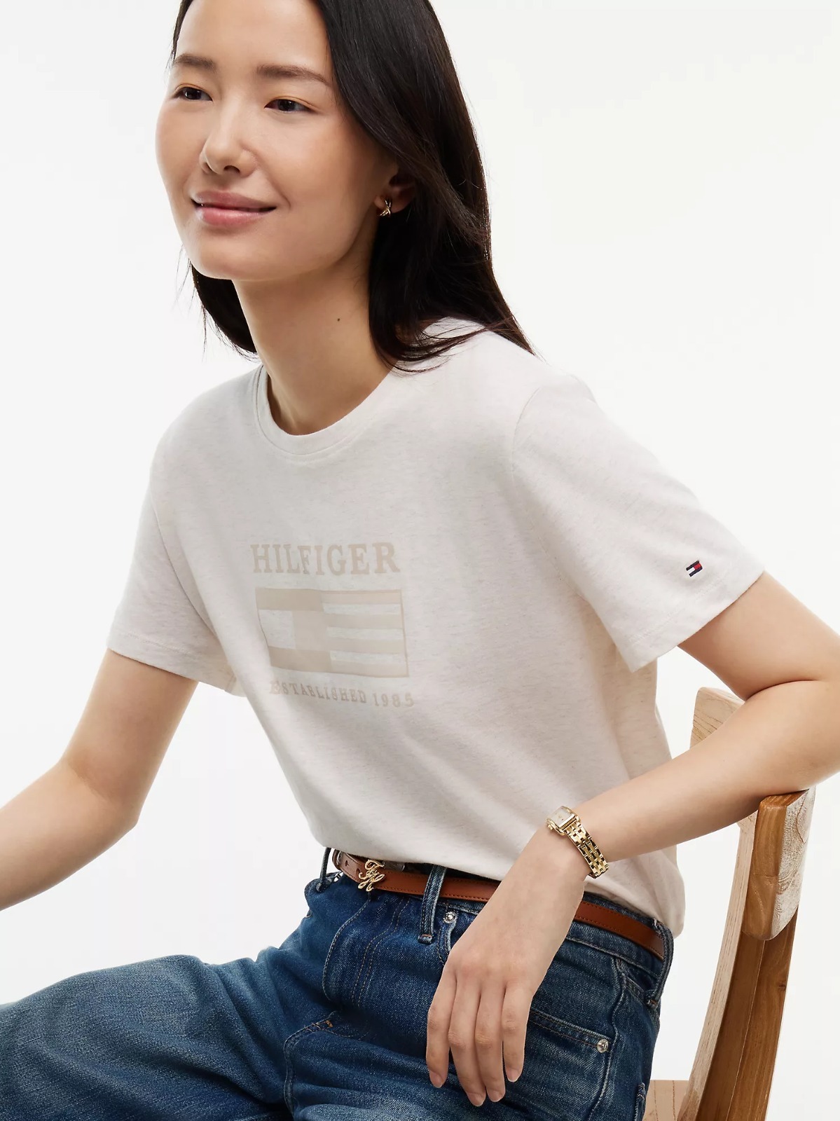 【直播】Tommy Hilfiger K0707150 Womens Tonal Flag Logo T-Shirt (Beige Heather)
