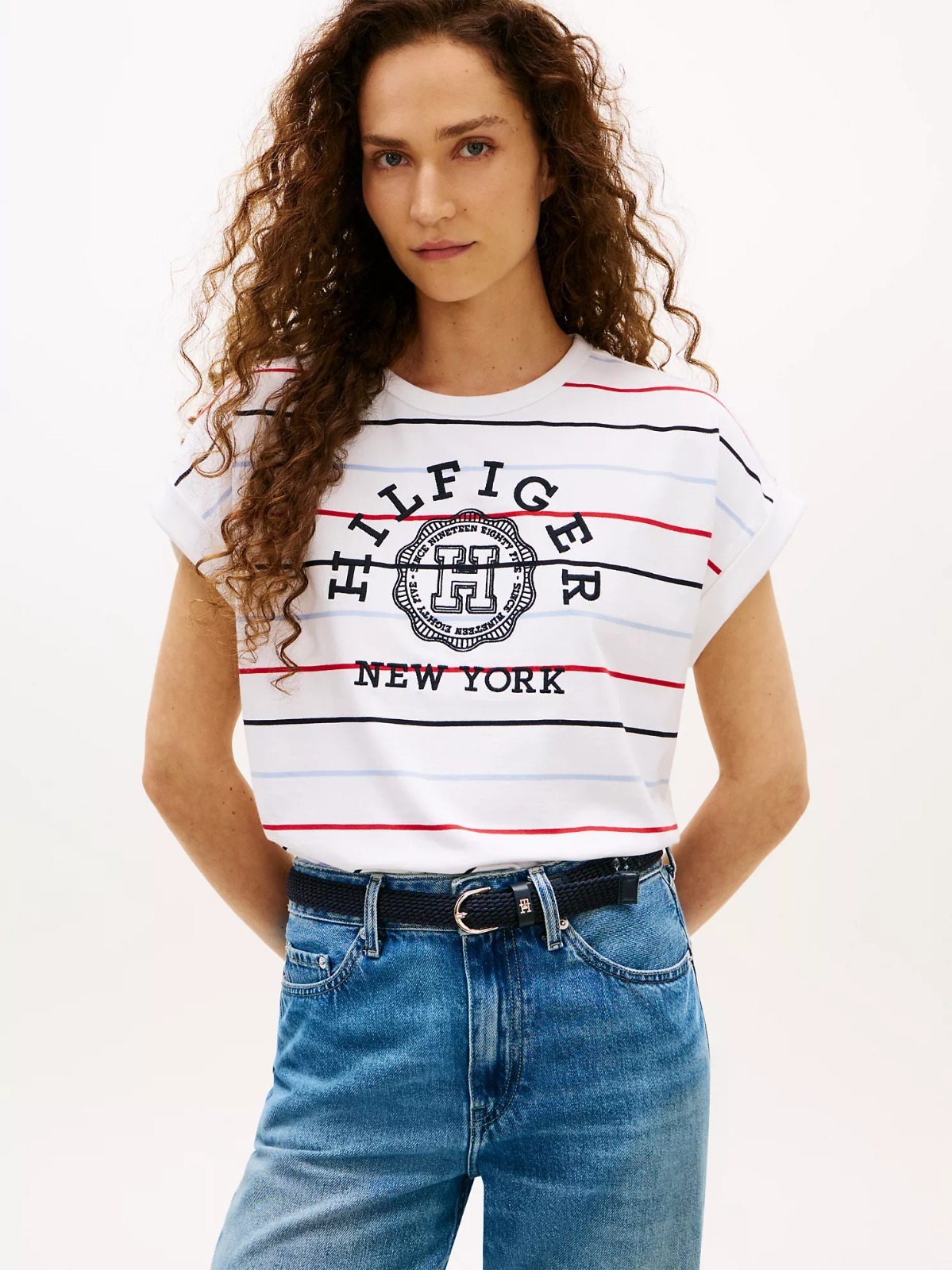 【直播】Tommy Hilfiger K0707151 Womens Arch Logo Striped Dolman Sleeve T-Shirt (white)