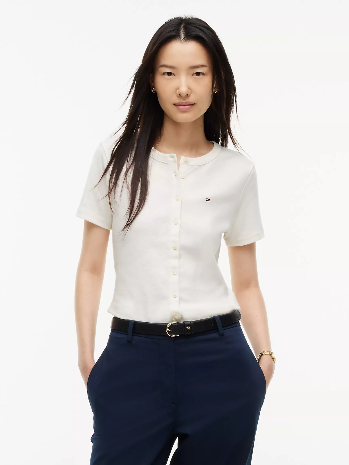 【直播】Tommy Hilfiger K0707160 Womens Button-Front Favorite T-Shirt