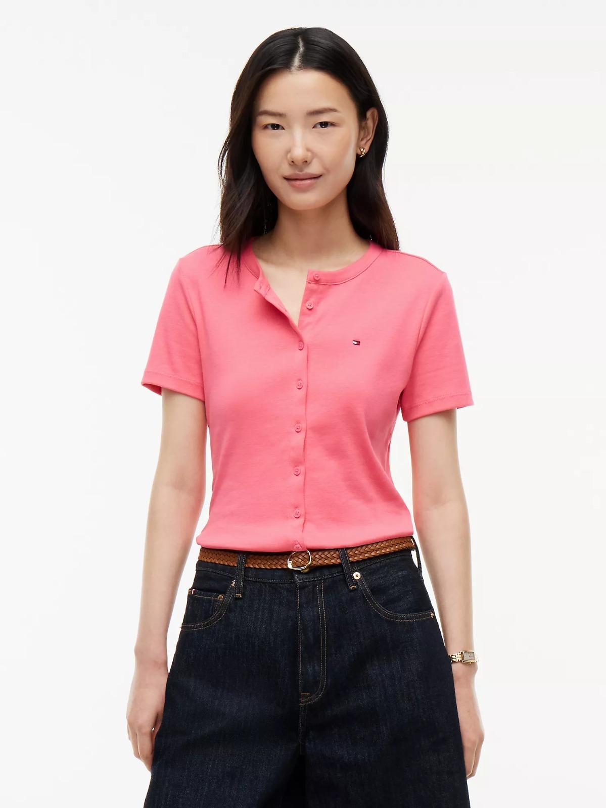 【直播】Tommy Hilfiger K0707160 Womens Button-Front Favorite T-Shirt