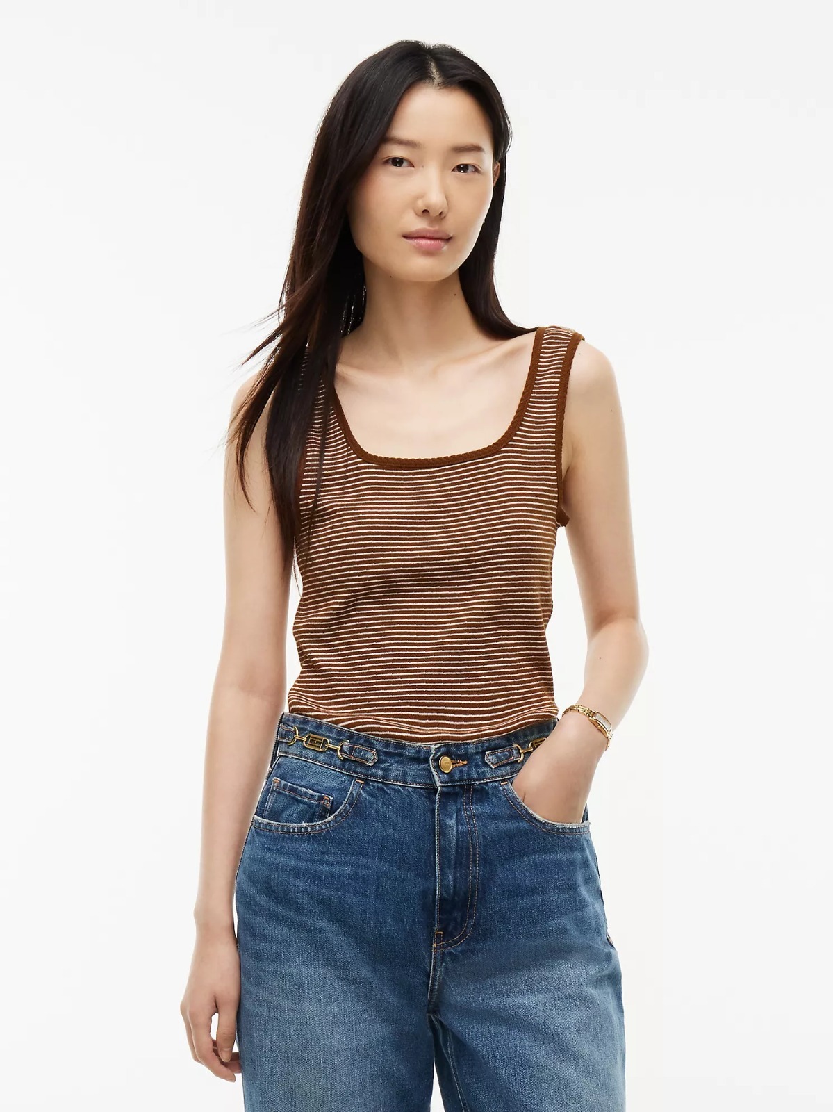 【直播】Tommy Hilfiger K0707161 Womens Striped Pointelle Square-Neck Tank Top