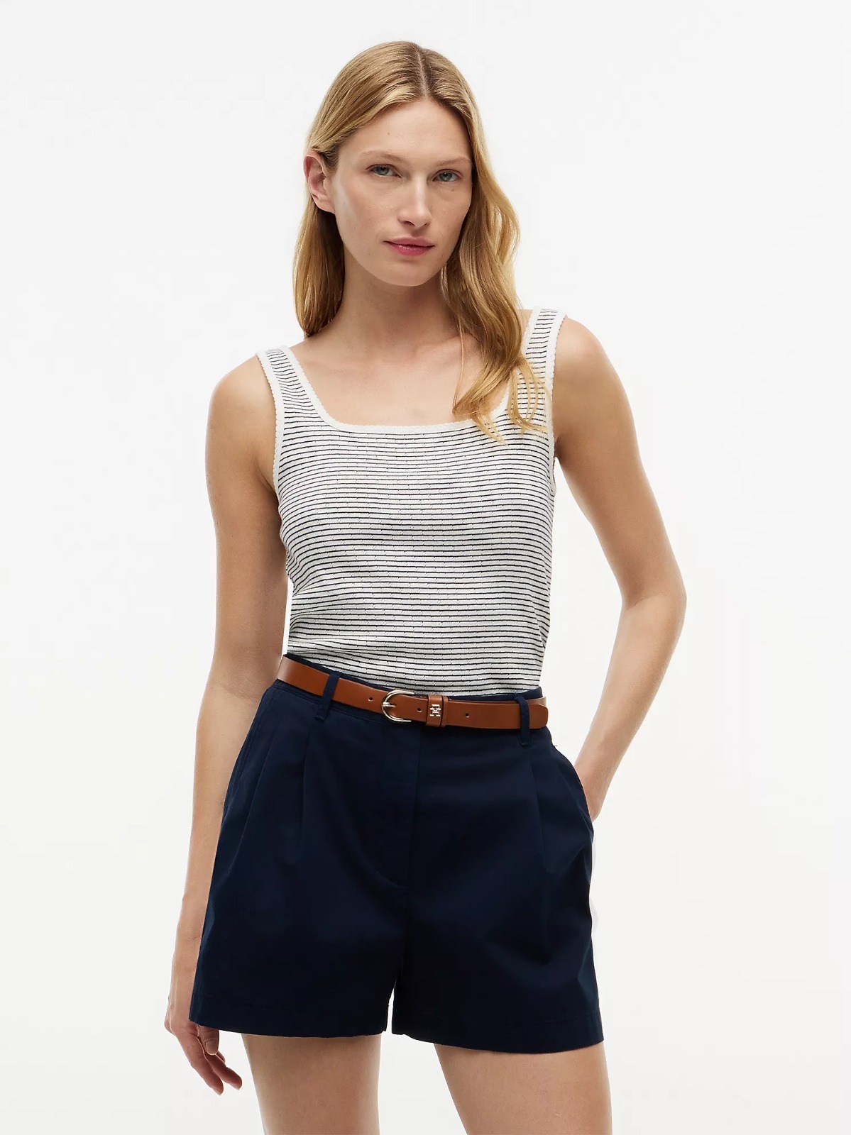 【直播】Tommy Hilfiger K0707161 Womens Striped Pointelle Square-Neck Tank Top
