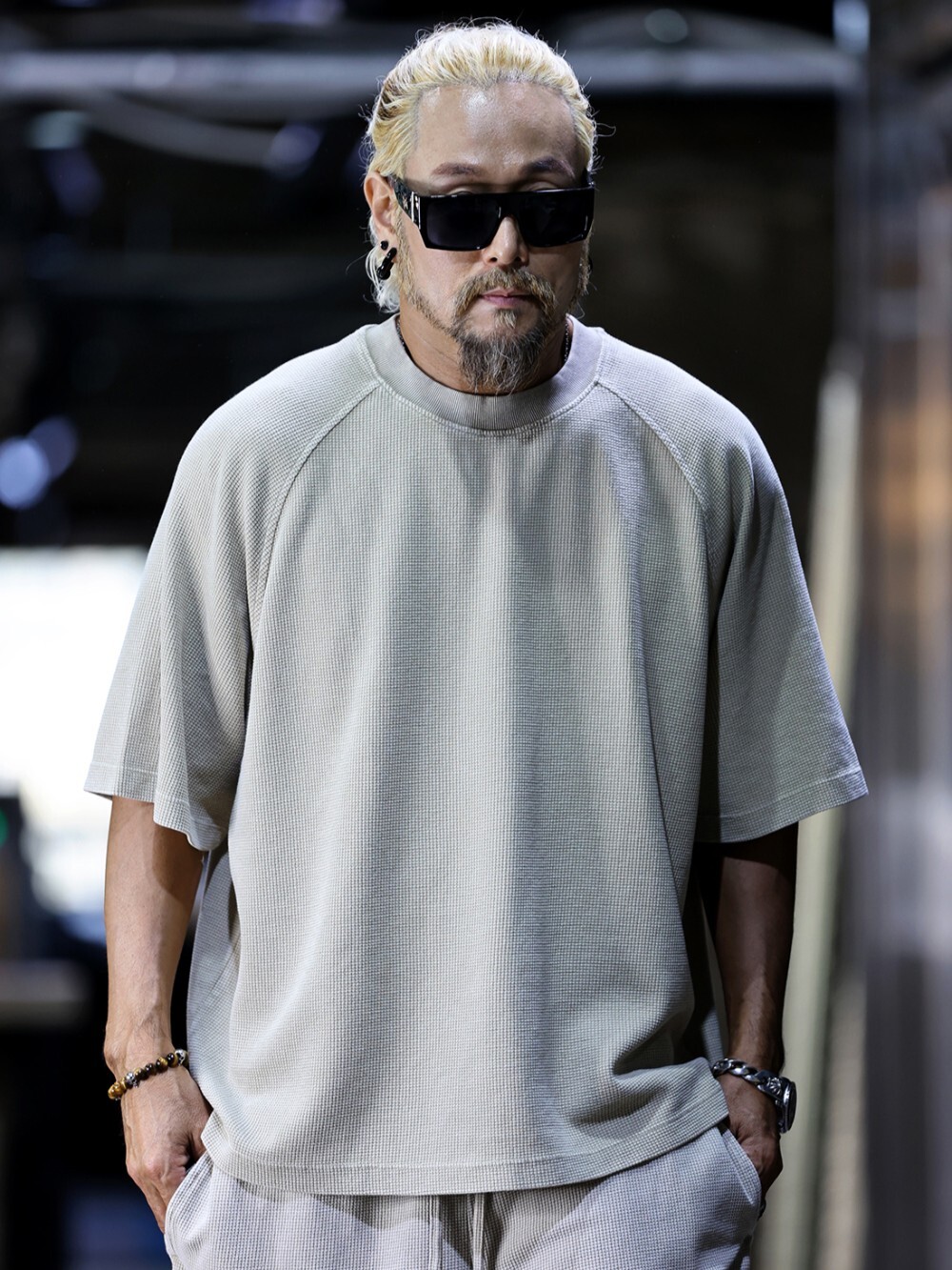 Loose-fitting waffle-knit washed short-sleeved T-shirt