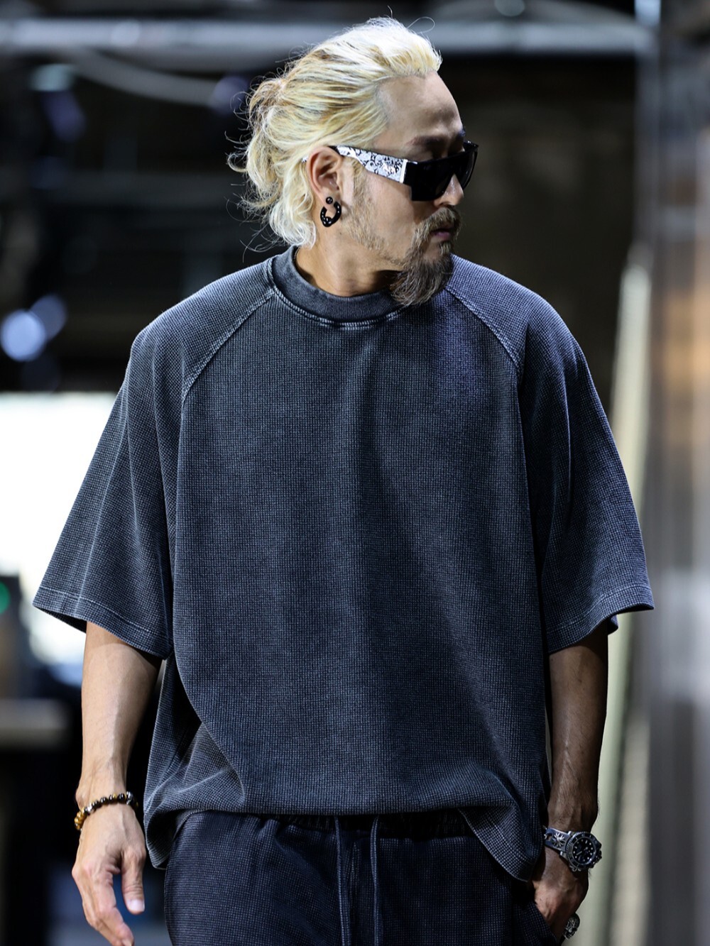 Loose-fitting waffle-knit washed short-sleeved T-shirt