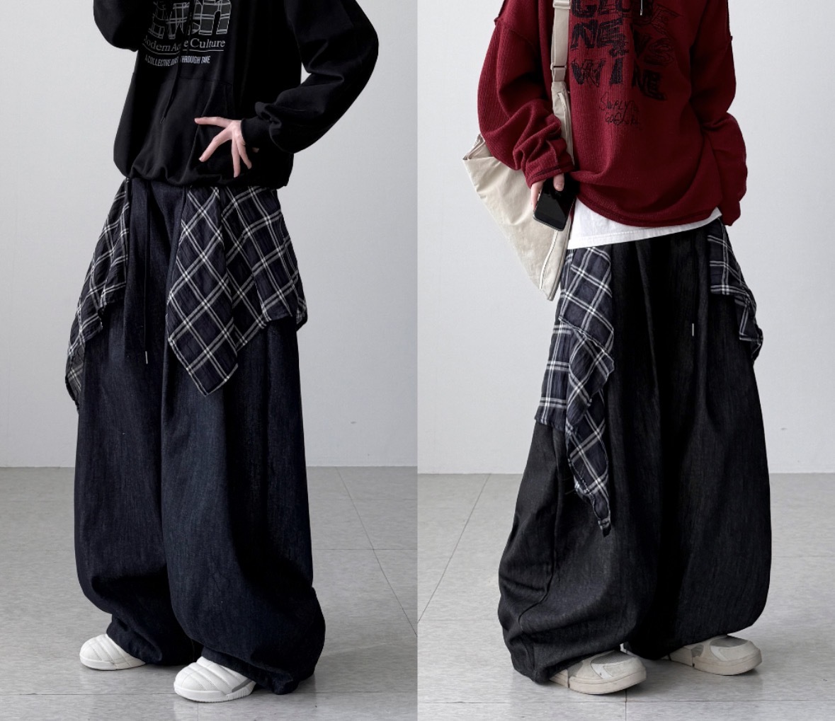 【一件搞掂LAYERING!】預訂 CHECK LAYER BALLOON DENIM PANTS 兩色入