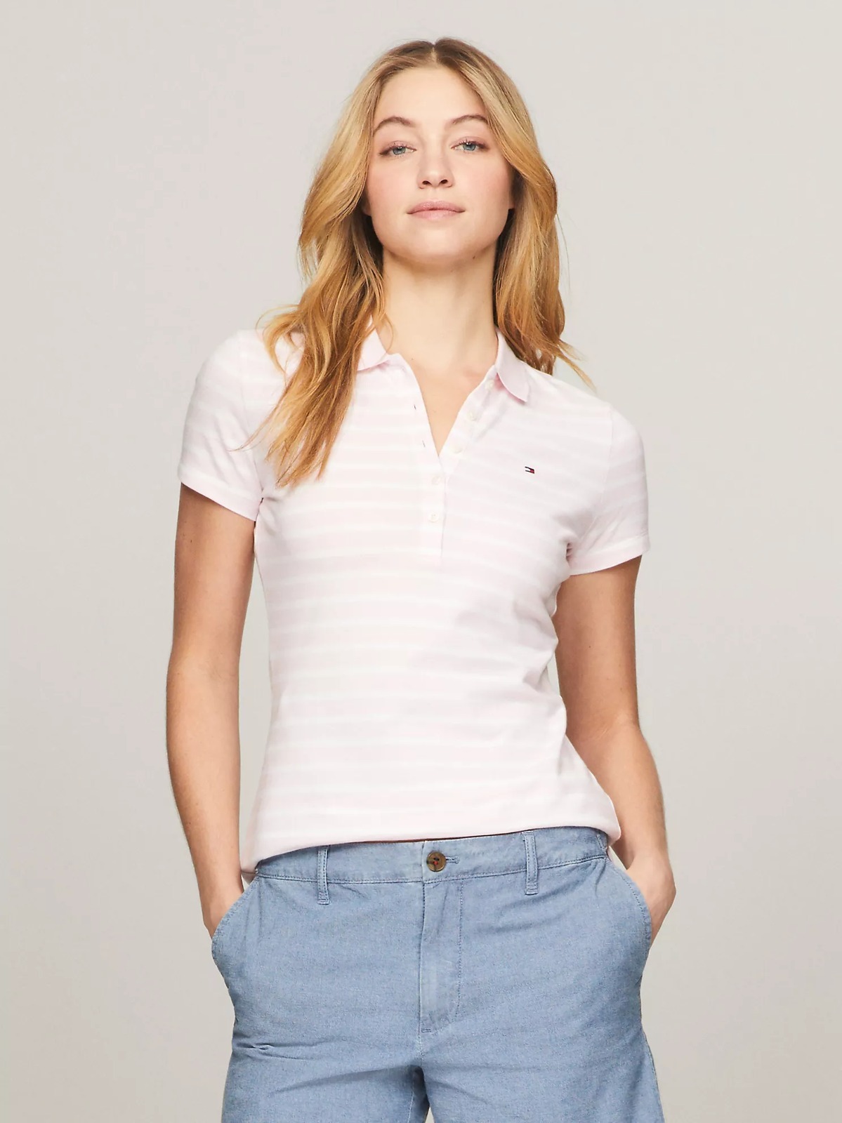 【直播】Tommy Hilfiger K0707173 Womens修身款條紋彈性棉 Polo 衫 （粉白色間條）