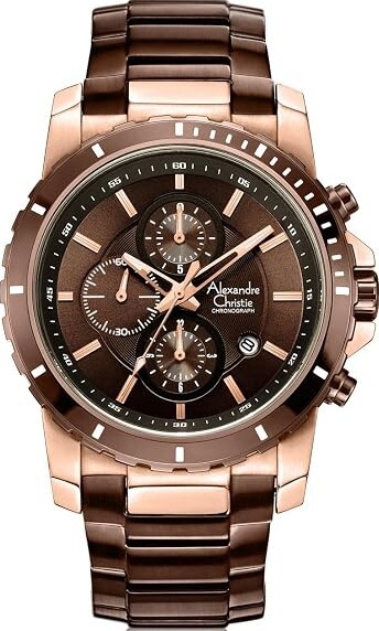 萬年鐘錶 - Alexandre Christie  咖啡色玫瑰金框三眼質感休閒男錶 6141MCBROBO 錶徑44MM  (AC 錶)