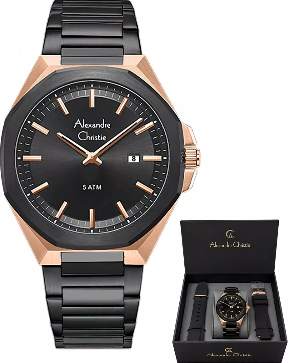萬年鐘錶 - Alexandre Christie   8715系列  黑面玫瑰金經典簡約男錶 8715MDFBRBA-SET 錶徑41MM (AC錶)