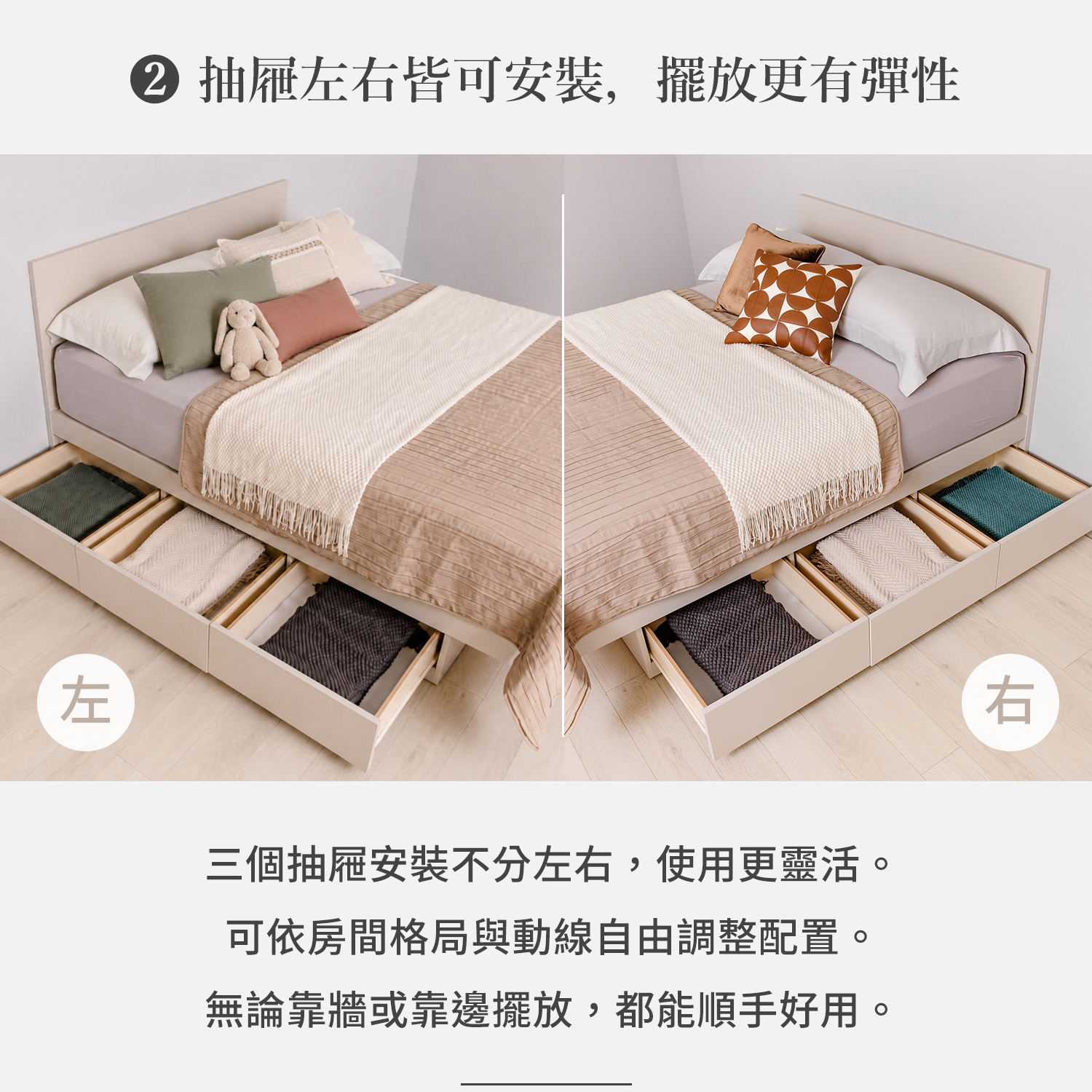 城市家居抽屜床架羊絨灰抽屜左右皆可安裝，可依房間格局彈性配置