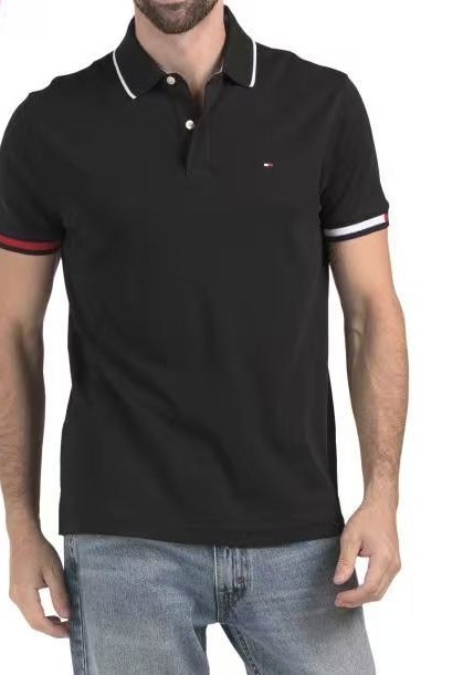 【直播】TOMMY HILFIGER LX070325 男裝袖口旗標Polo短袖上衣 (黑色)