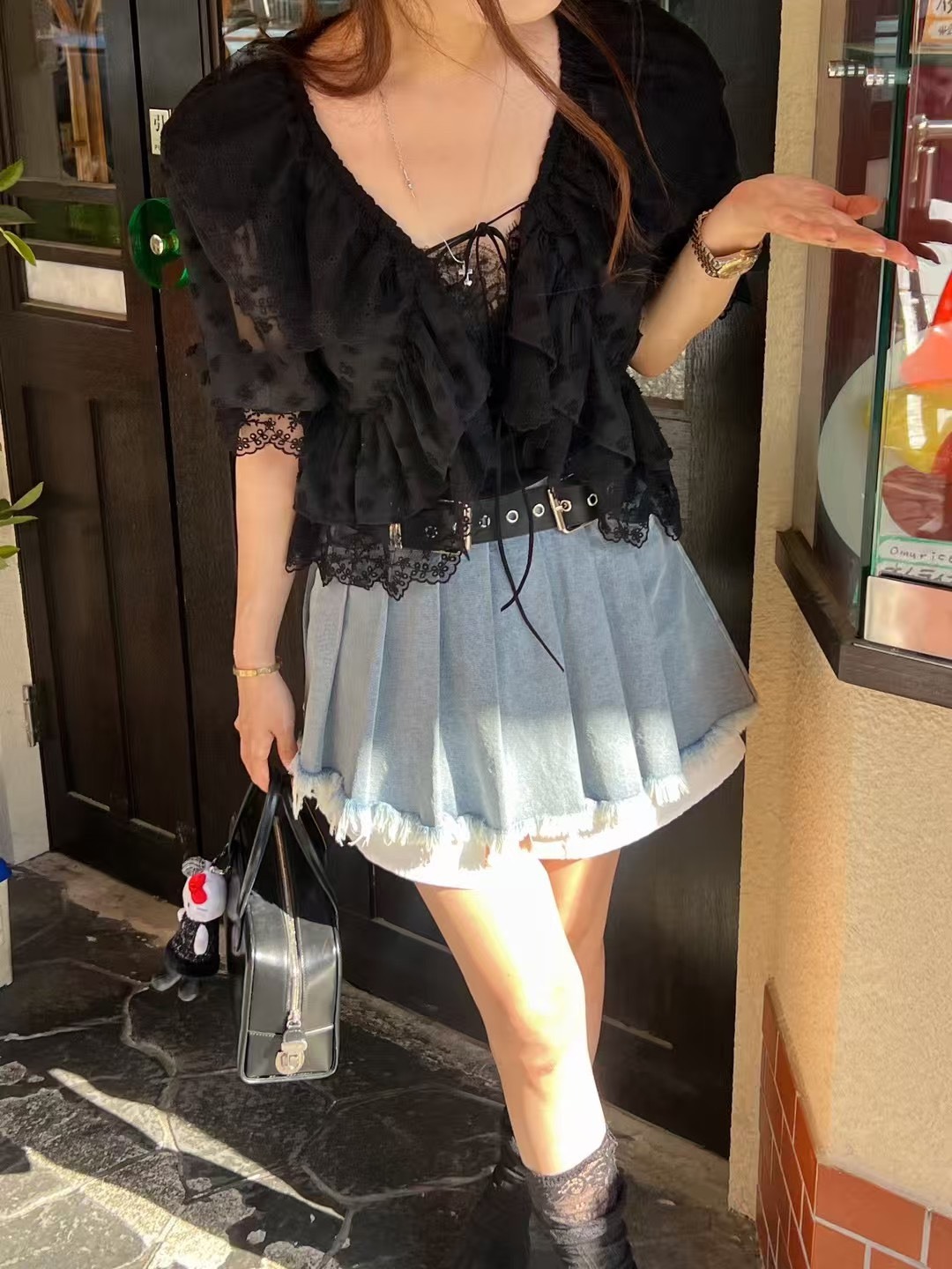 牛仔百褶白裏短裙